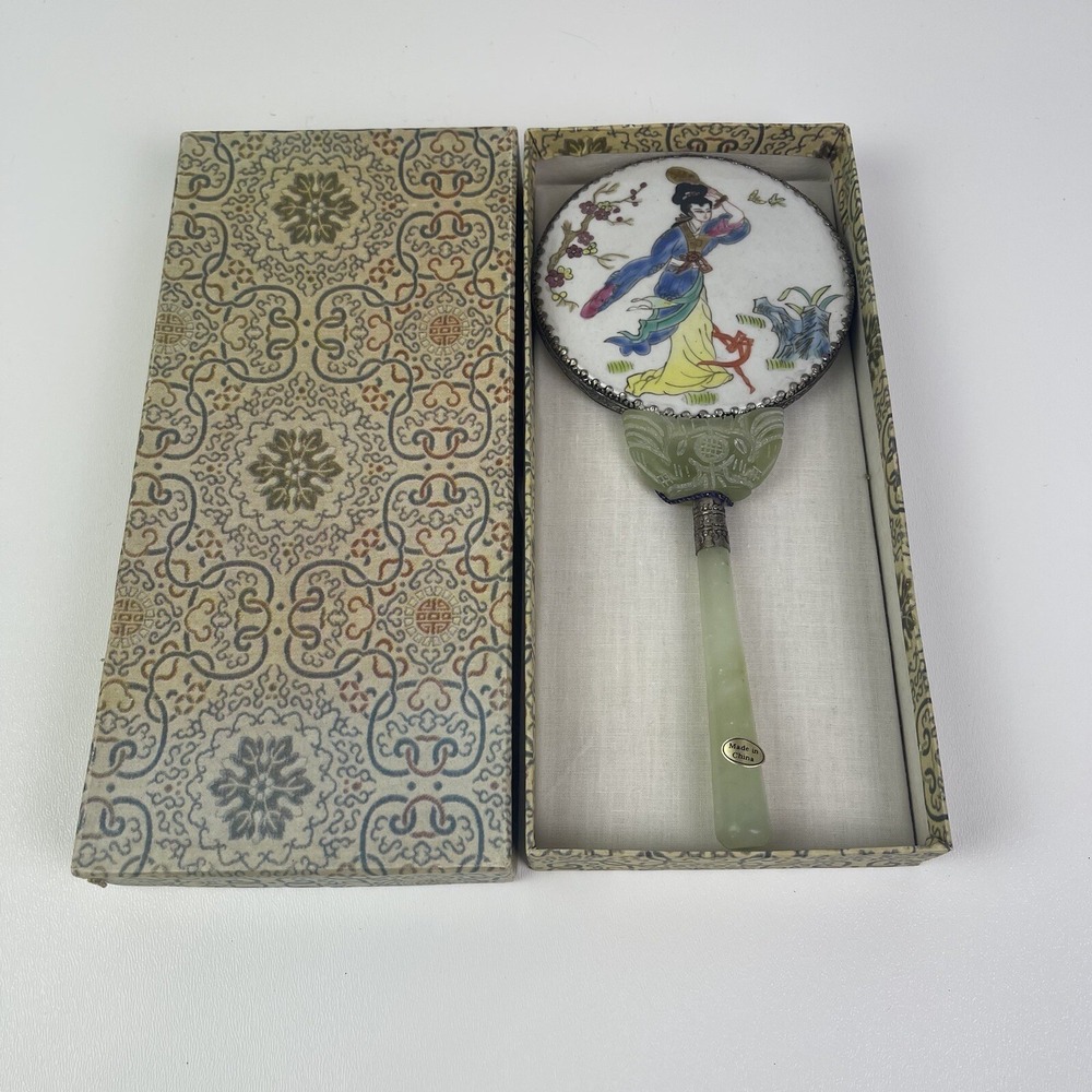 Vintage Chinese Celadon Jade Hand Painted‎ Porcelain Vanity Mirror Geisha In Box
